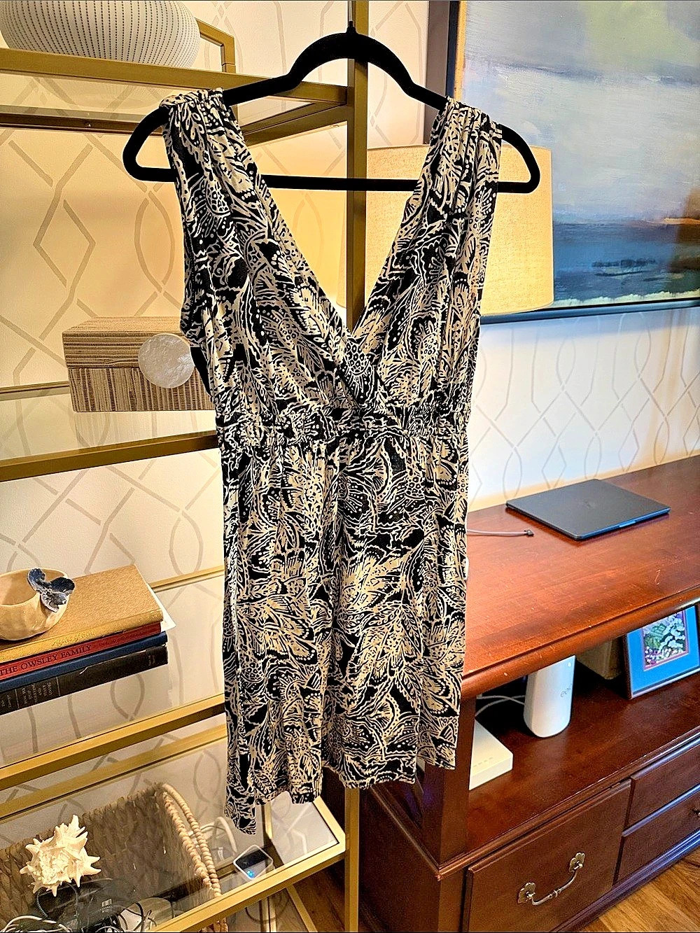 Abstract Print Mini Dress in Black & Cream Like New